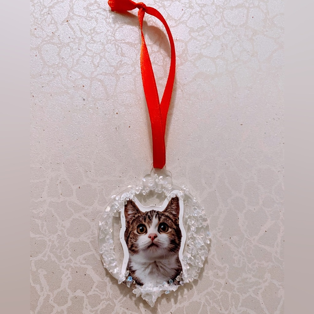 Cat Ornament with Red Ribbon